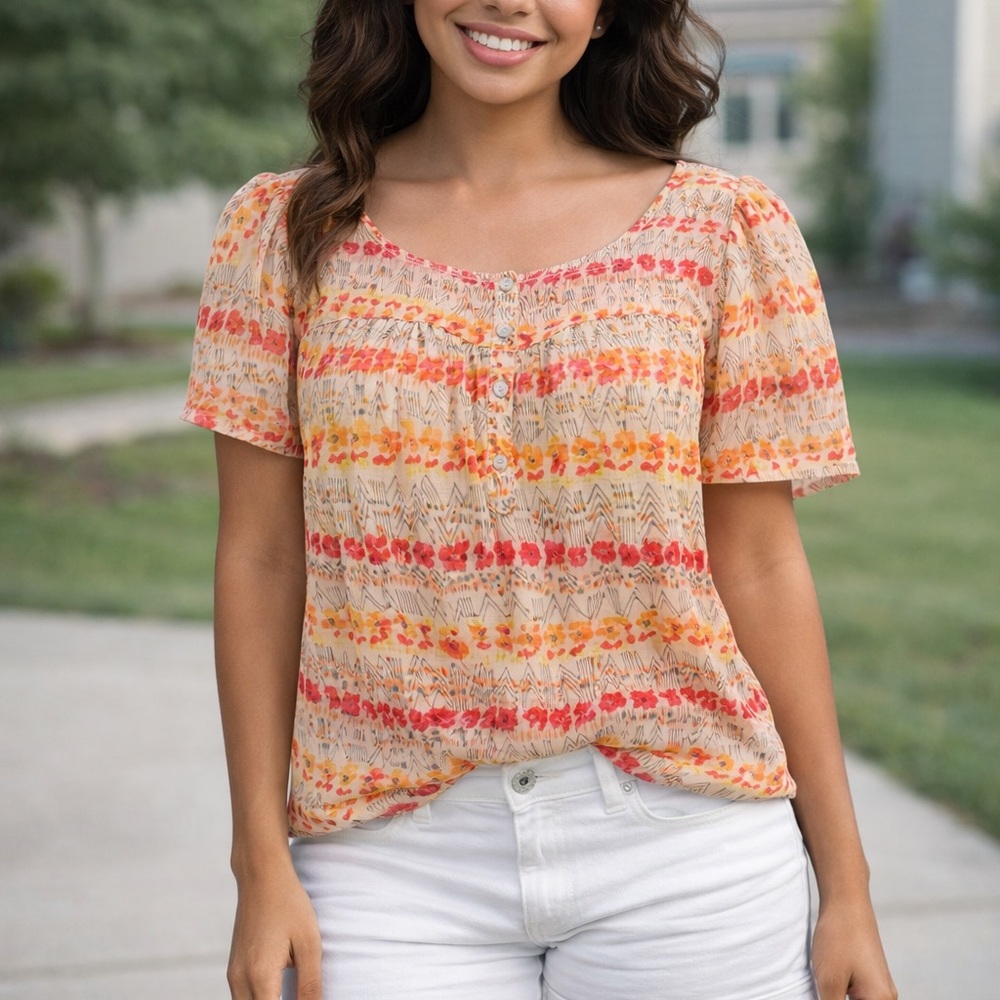 GAP Peach and Coral Floral Stripe Scoop-Neck Top